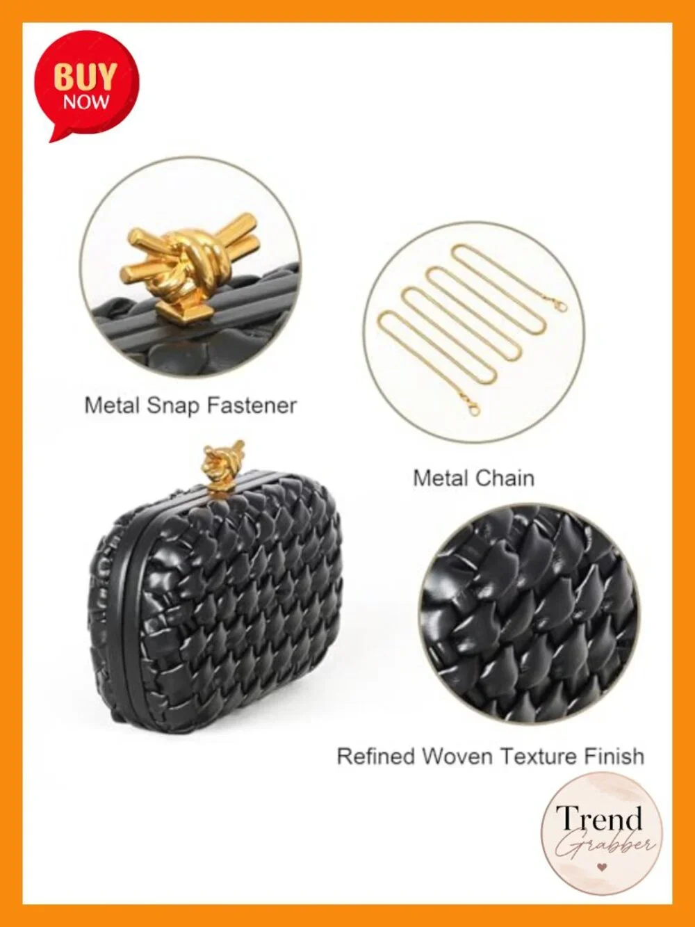 Handwoven PU Leather Clutch with Chain Strap for Weddings & Parties